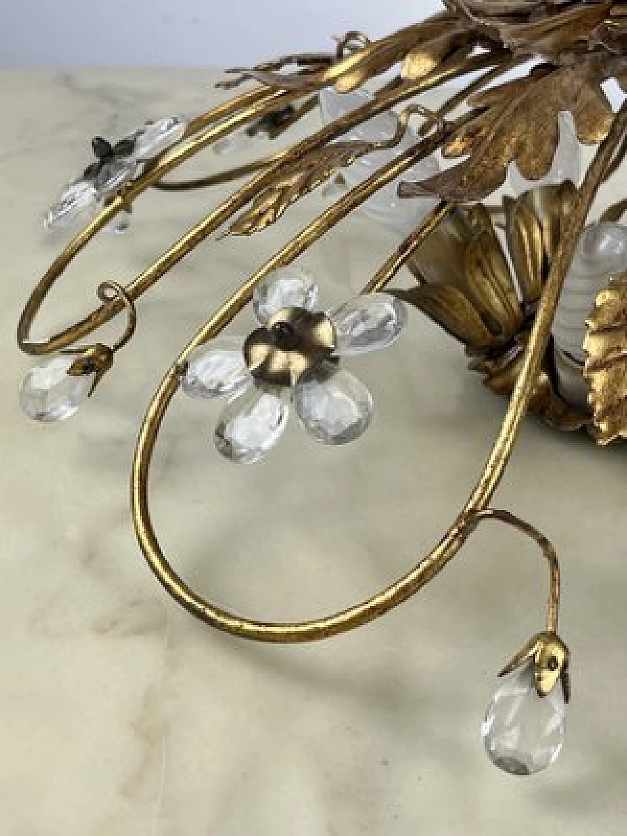 Gilded iron ceiling lamp with crystal flowers by Banci, 1980s 8