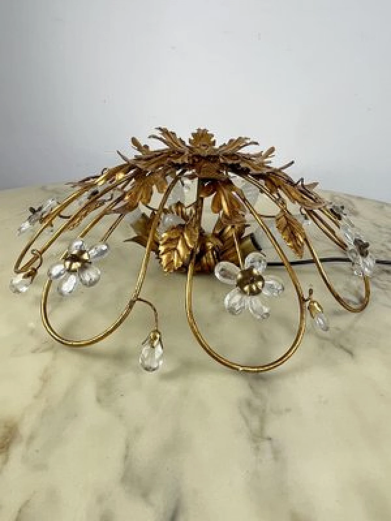 Gilded iron ceiling lamp with crystal flowers by Banci, 1980s 10