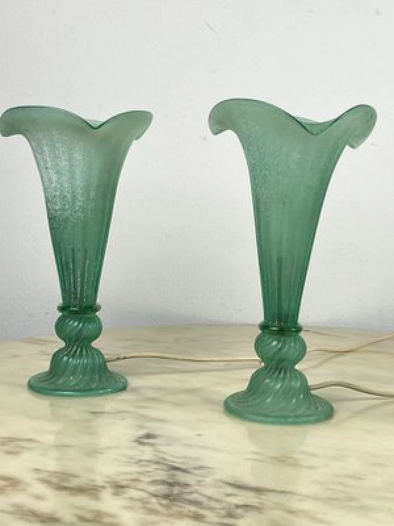 3 Lampade da tavolo in vetro di Murano verde a forma di calle, anni '80 2