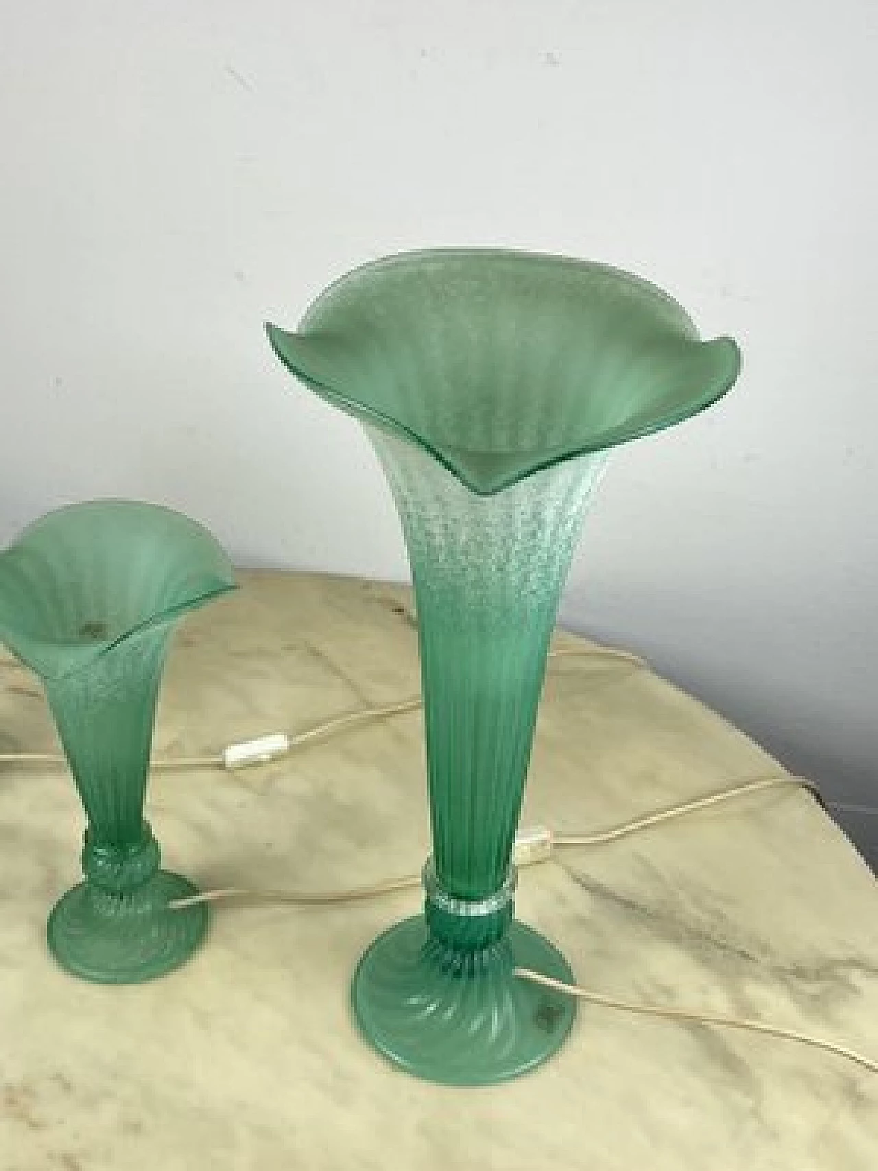 3 Green Murano glass table lamps in the shape of calla lilies, 1980s 4