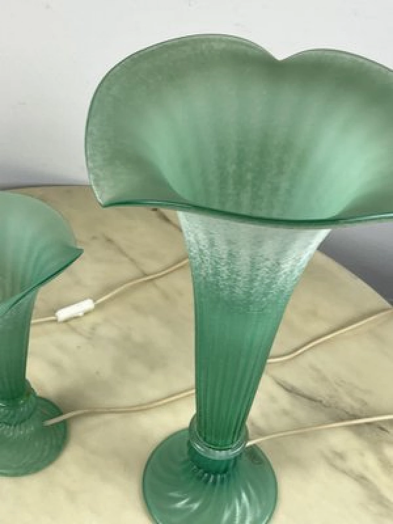 3 Green Murano glass table lamps in the shape of calla lilies, 1980s 7