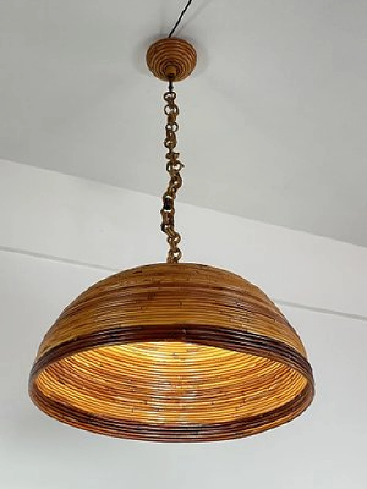 Two-light bamboo and wicker chandelier, 1960s 1