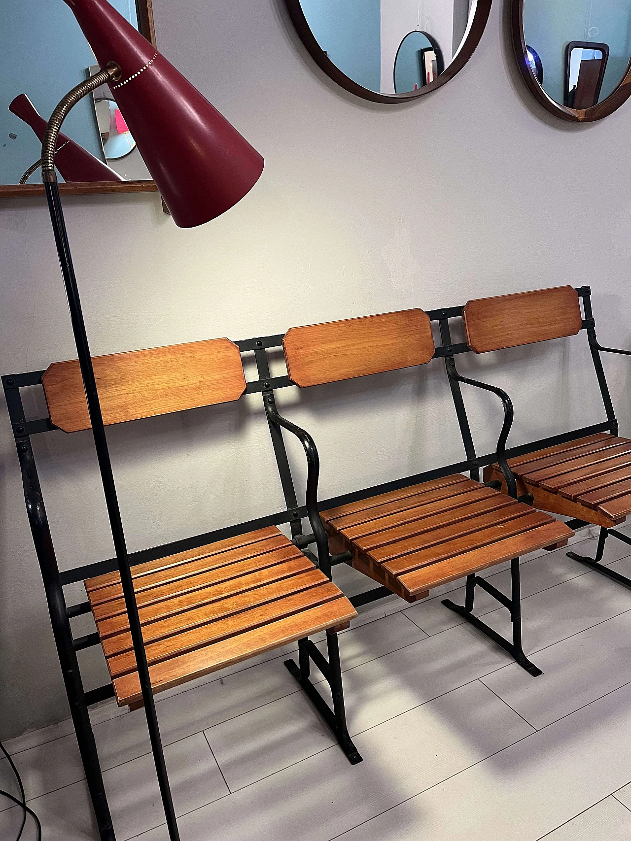 Three-seater wood and iron bench with fabric cushions, 1980s 1