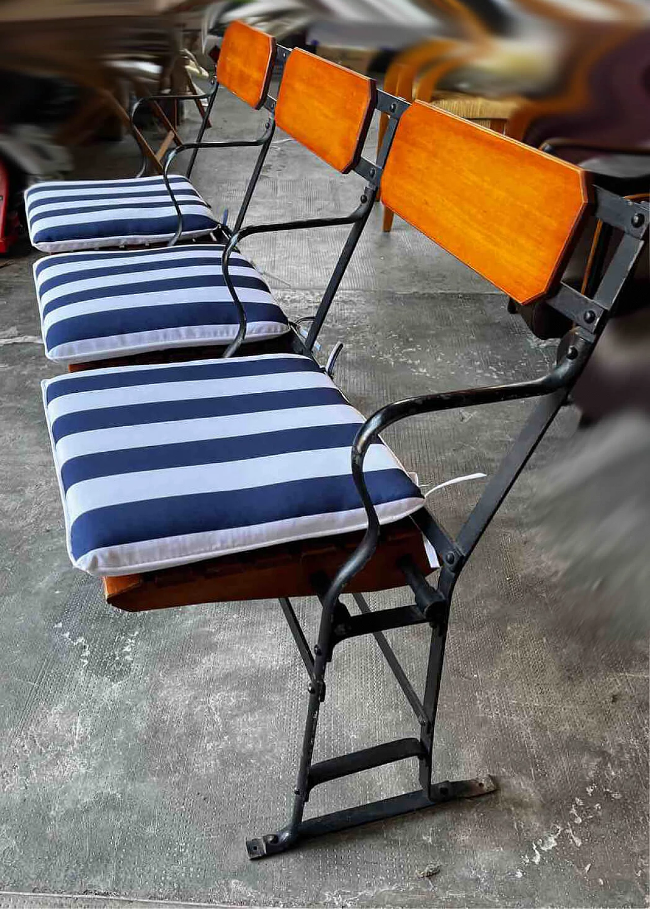 Three-seater wood and iron bench with fabric cushions, 1980s 3