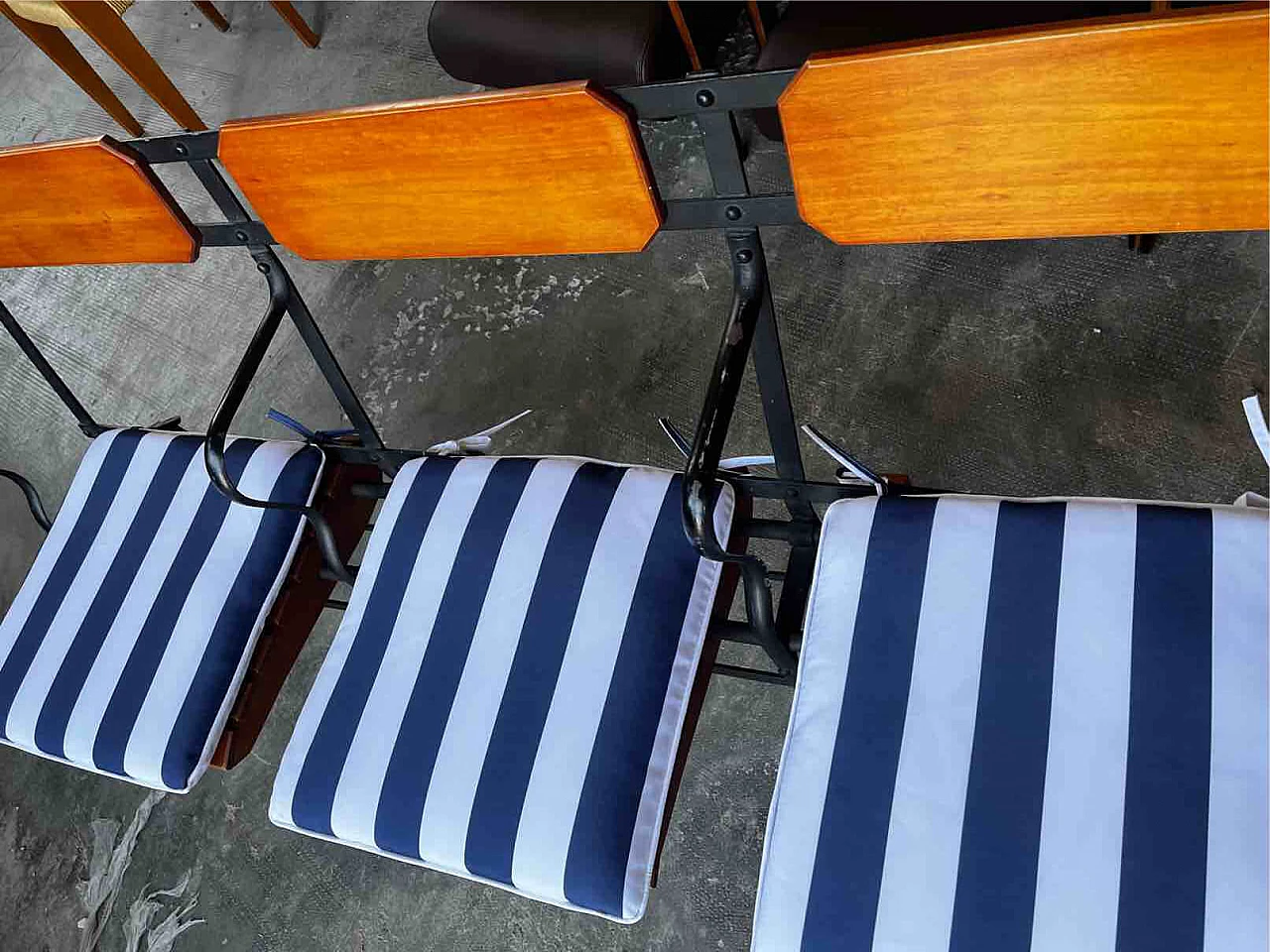 Three-seater wood and iron bench with fabric cushions, 1980s 4