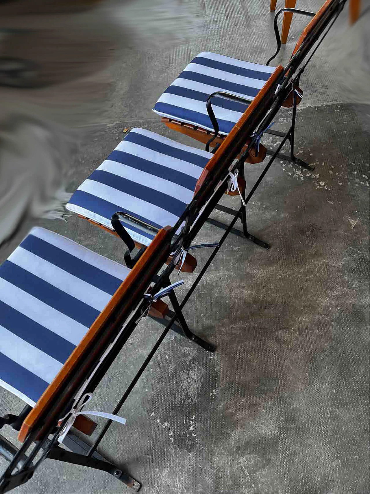 Three-seater wood and iron bench with fabric cushions, 1980s 5