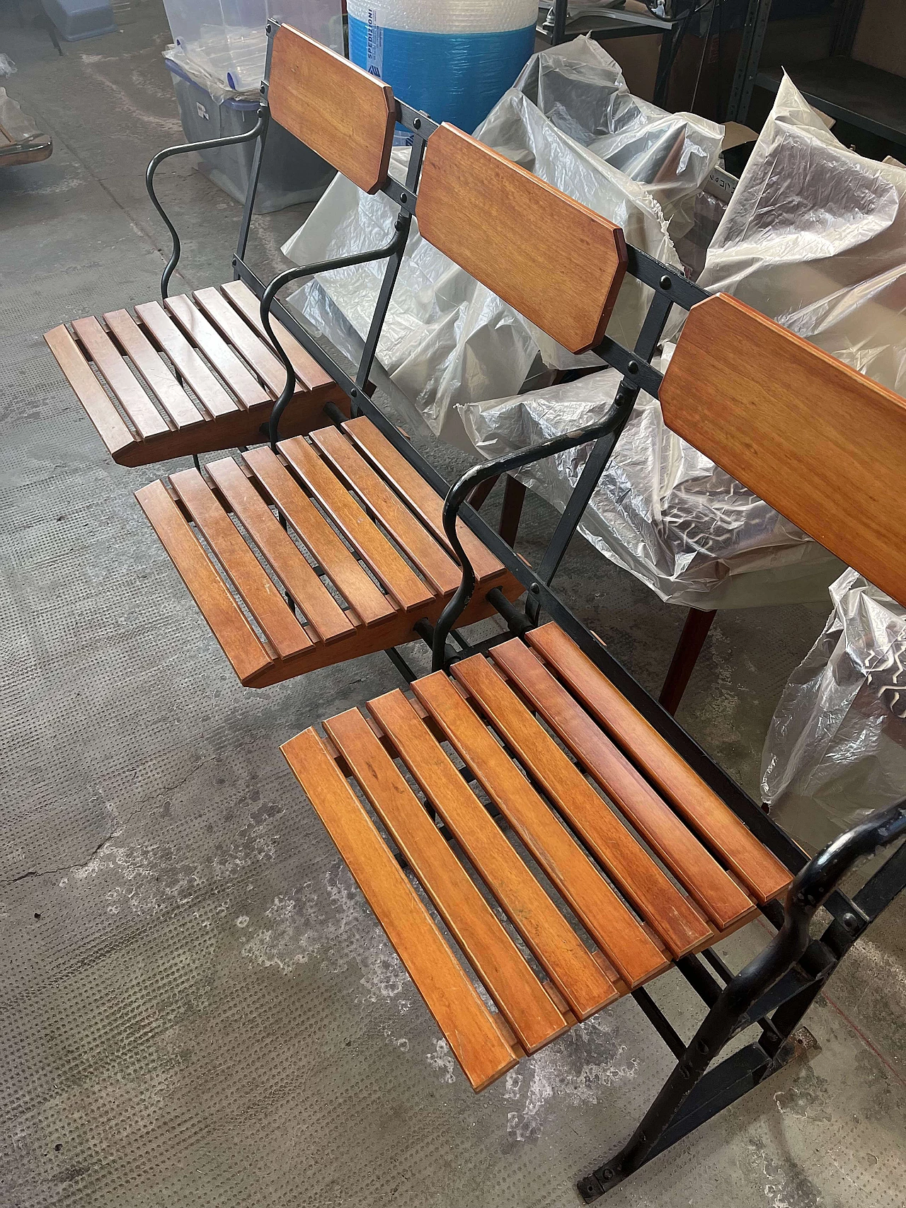 Three-seater wood and iron bench with fabric cushions, 1980s 6