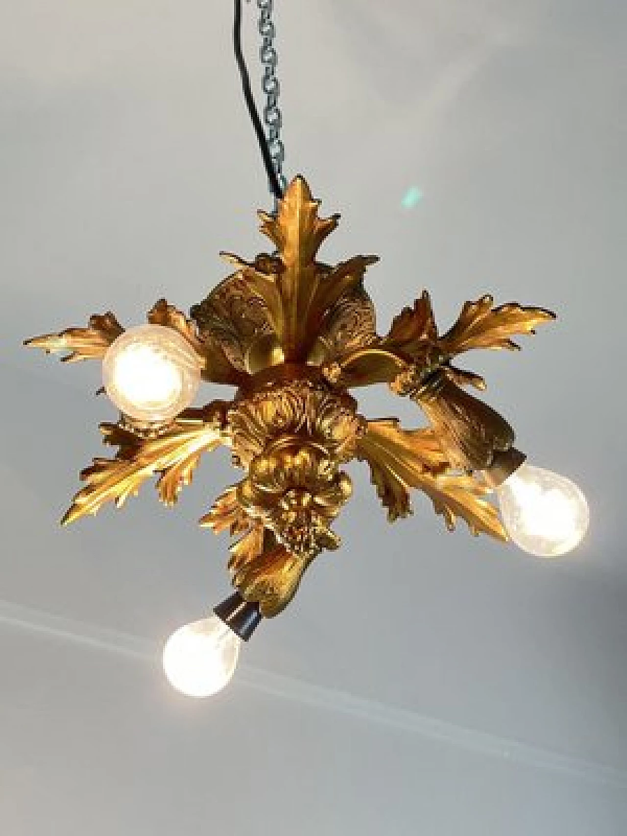 Three-light bronze chandelier, 1960s 3