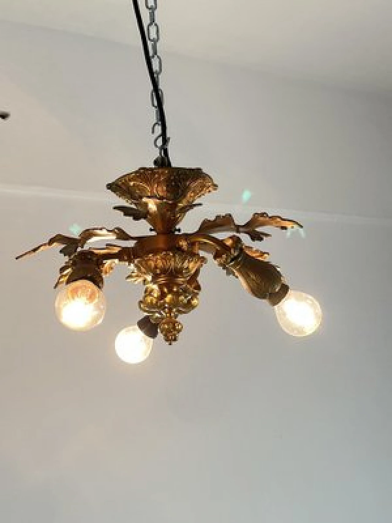 Three-light bronze chandelier, 1960s 4