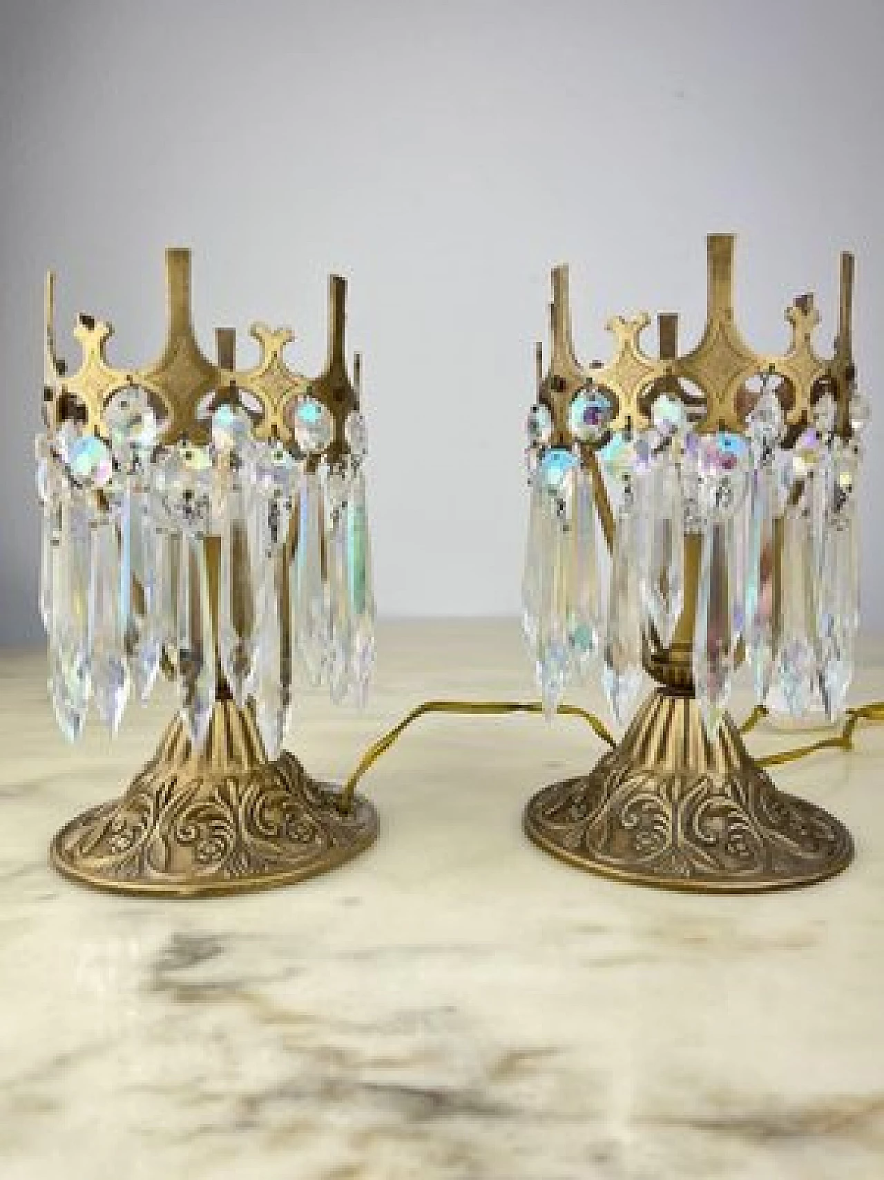 Pair of crystal and bronze bedside lamps, 1960s 1