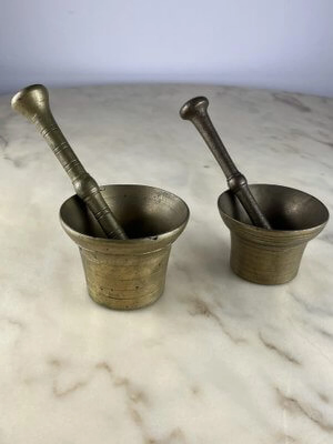 Pair of brass pesto mortars with pestle, 1950s 1