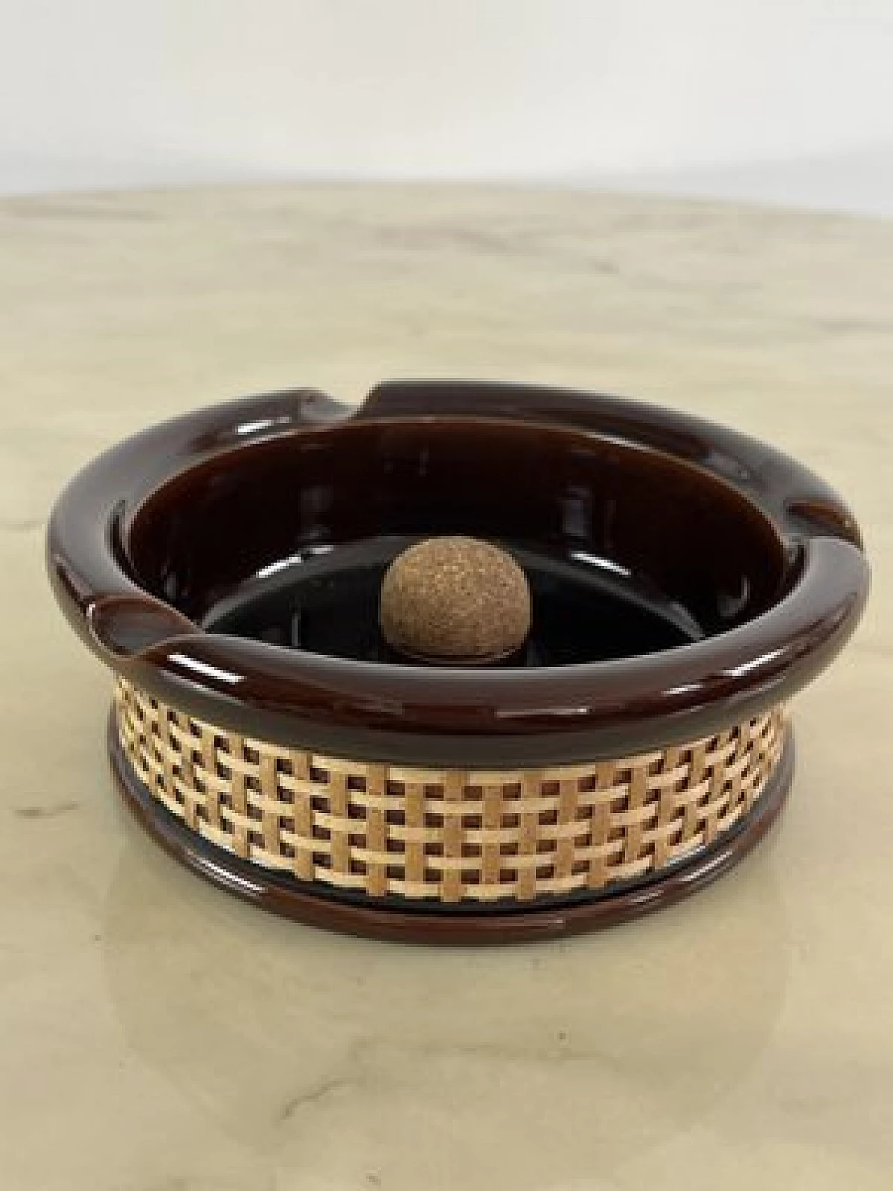 Glazed ceramic, wicker and cork ashtray, 1970s 1