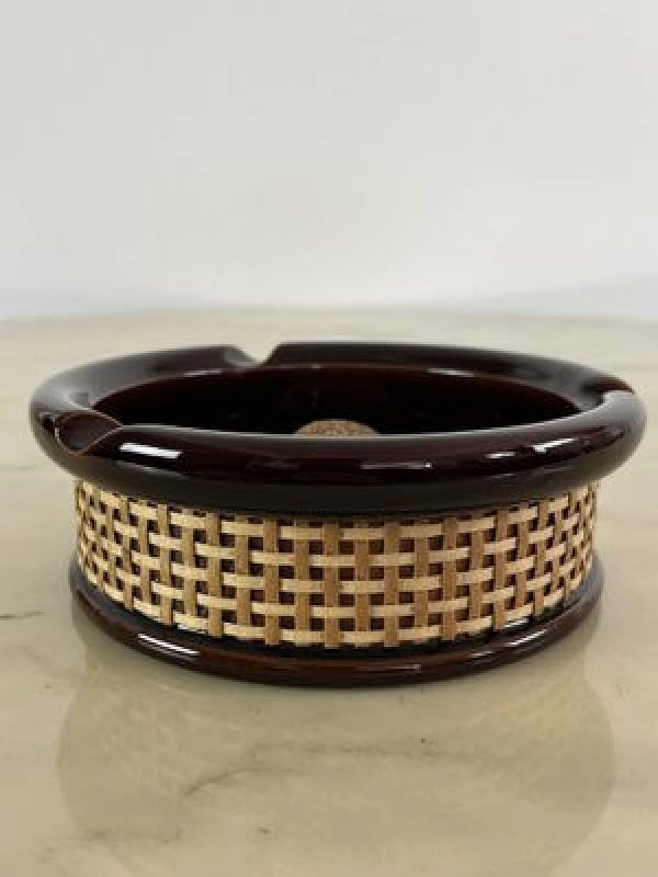 Glazed ceramic, wicker and cork ashtray, 1970s 2