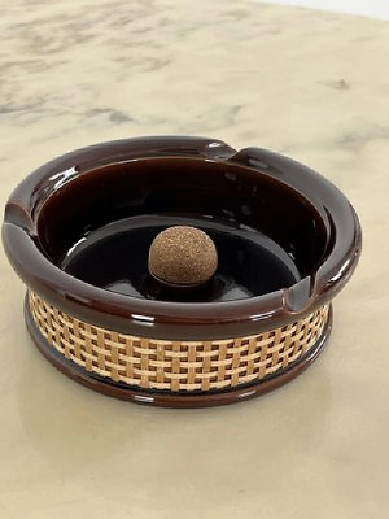 Glazed ceramic, wicker and cork ashtray, 1970s 9