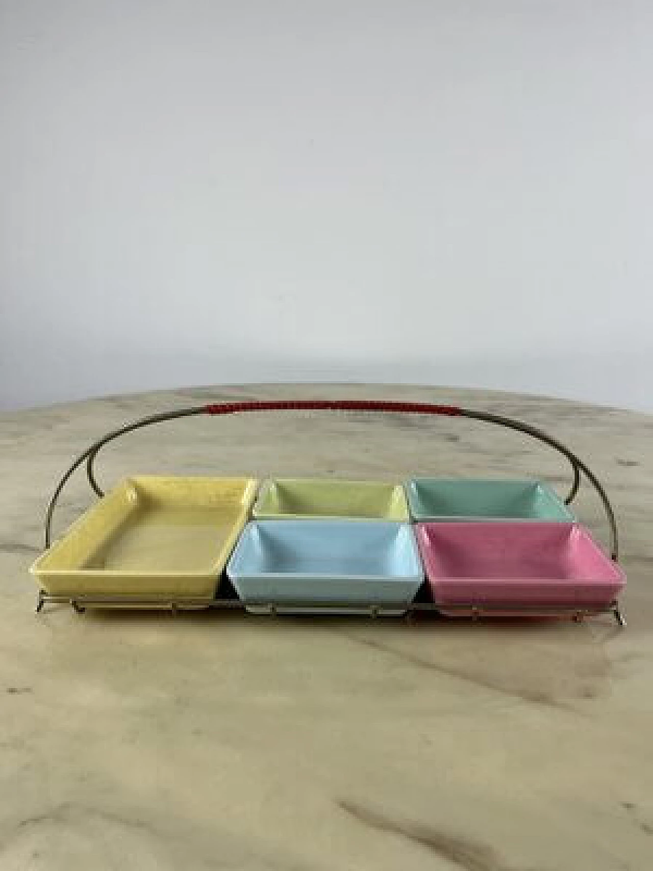 Six-piece hors d'oeuvre plate in metal, ceramic and coloured plastic, 1960s 1