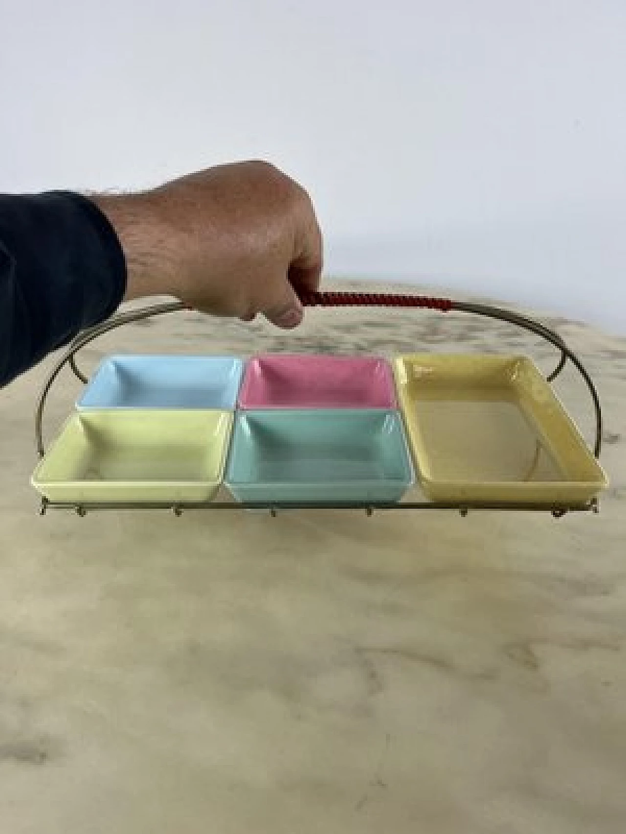 Six-piece hors d'oeuvre plate in metal, ceramic and coloured plastic, 1960s 2