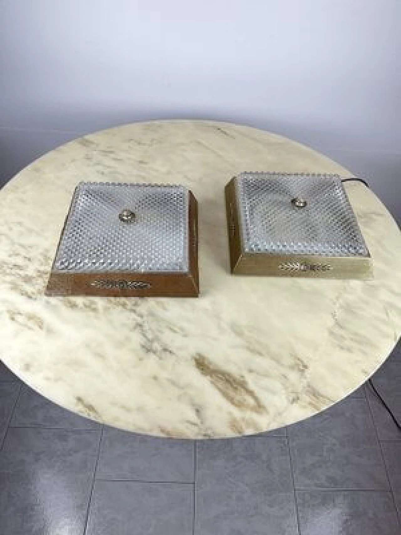 Pair of metal and glass ceiling lamps, 1950s 12