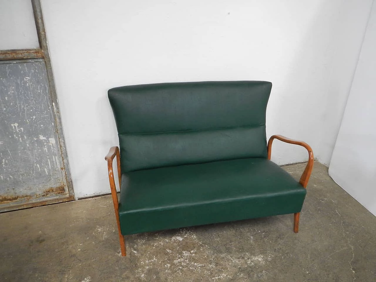 Sofa, pair of armchairs and coffee table in wood, green leatherette and glass, 1950s 2