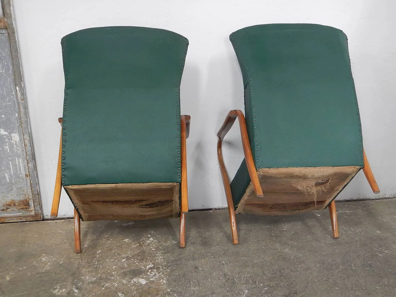 Sofa, pair of armchairs and coffee table in wood, green leatherette and glass, 1950s 6