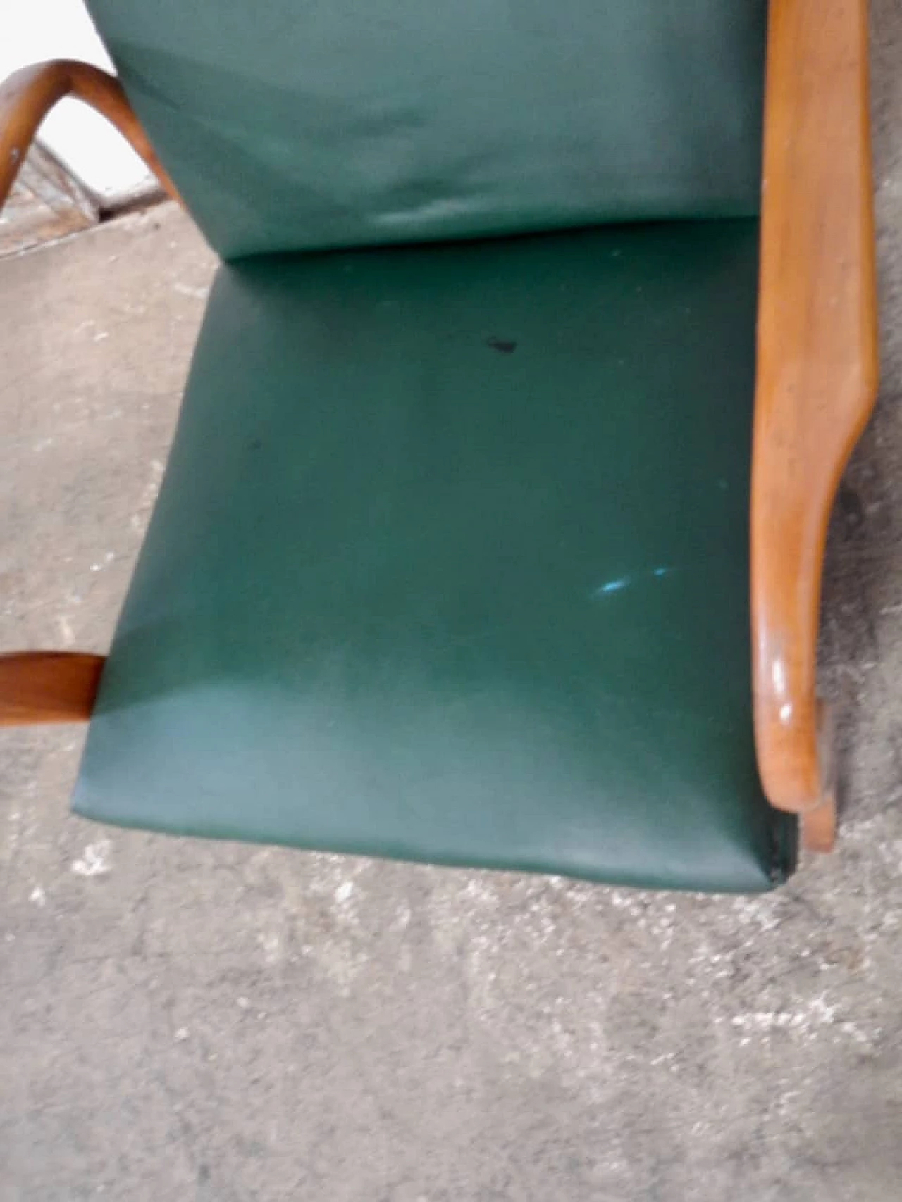 Sofa, pair of armchairs and coffee table in wood, green leatherette and glass, 1950s 7