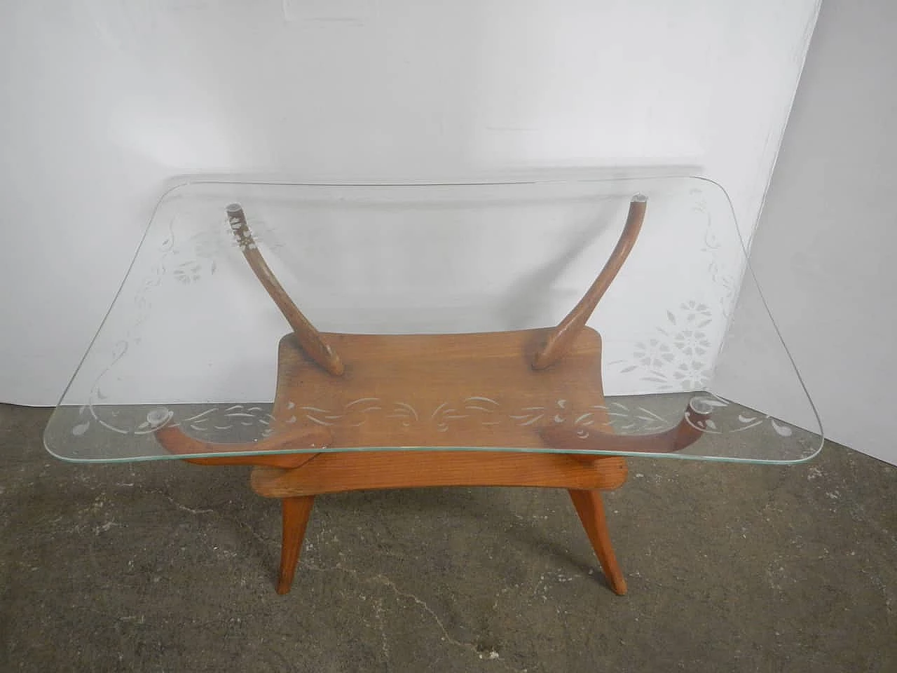 Sofa, pair of armchairs and coffee table in wood, green leatherette and glass, 1950s 11