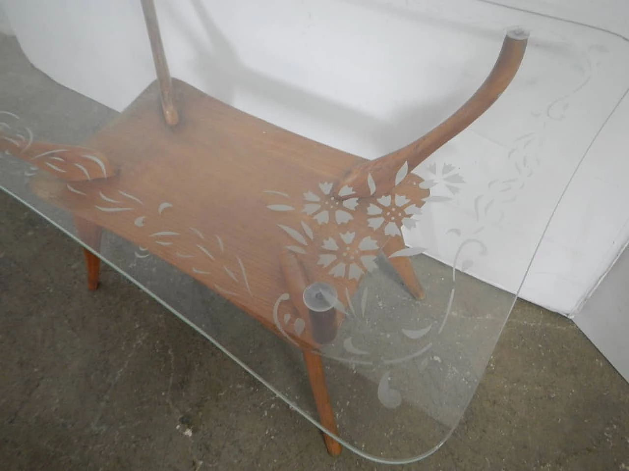 Sofa, pair of armchairs and coffee table in wood, green leatherette and glass, 1950s 12