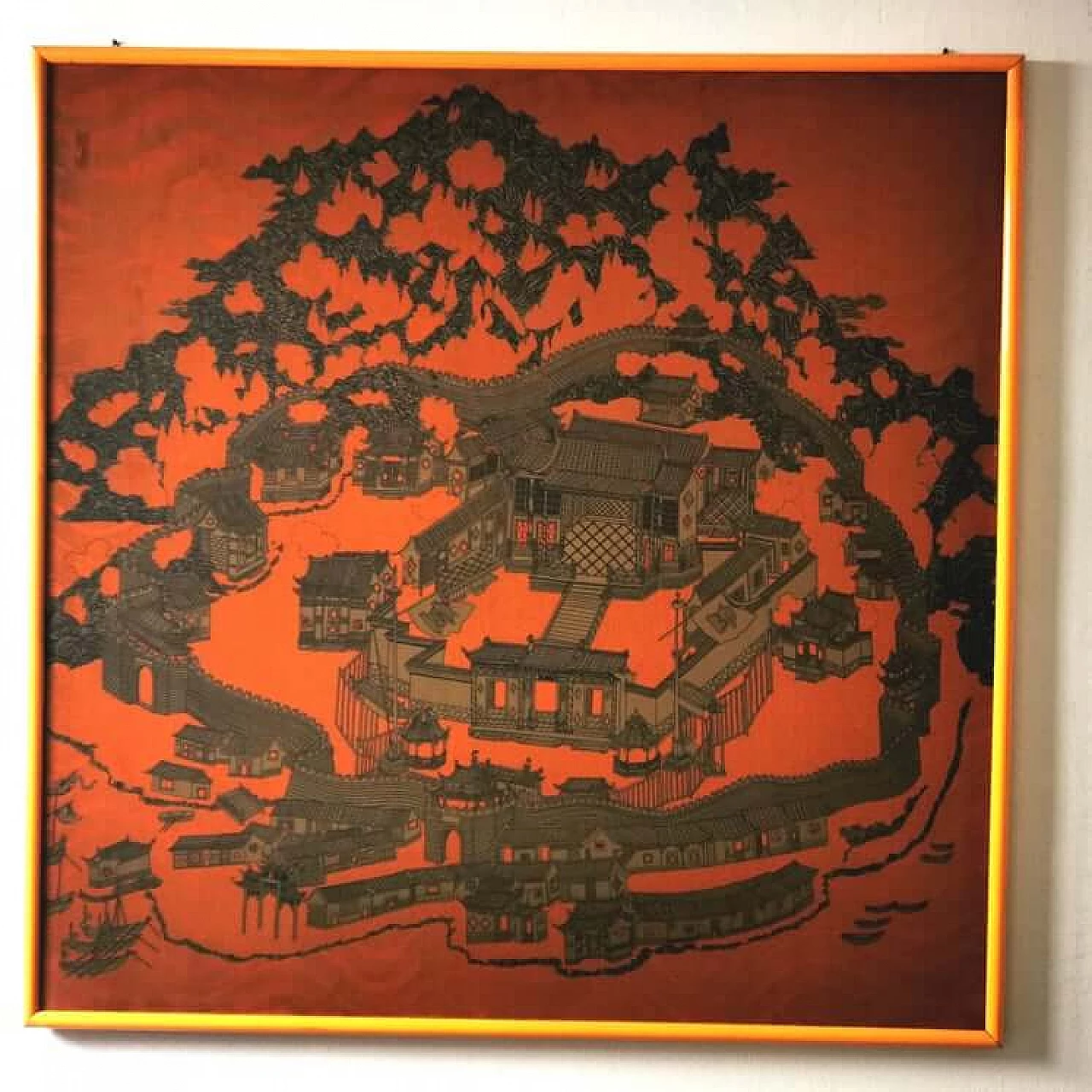 Fortified temple surrounded by pagodas, framed Chinese silk 1