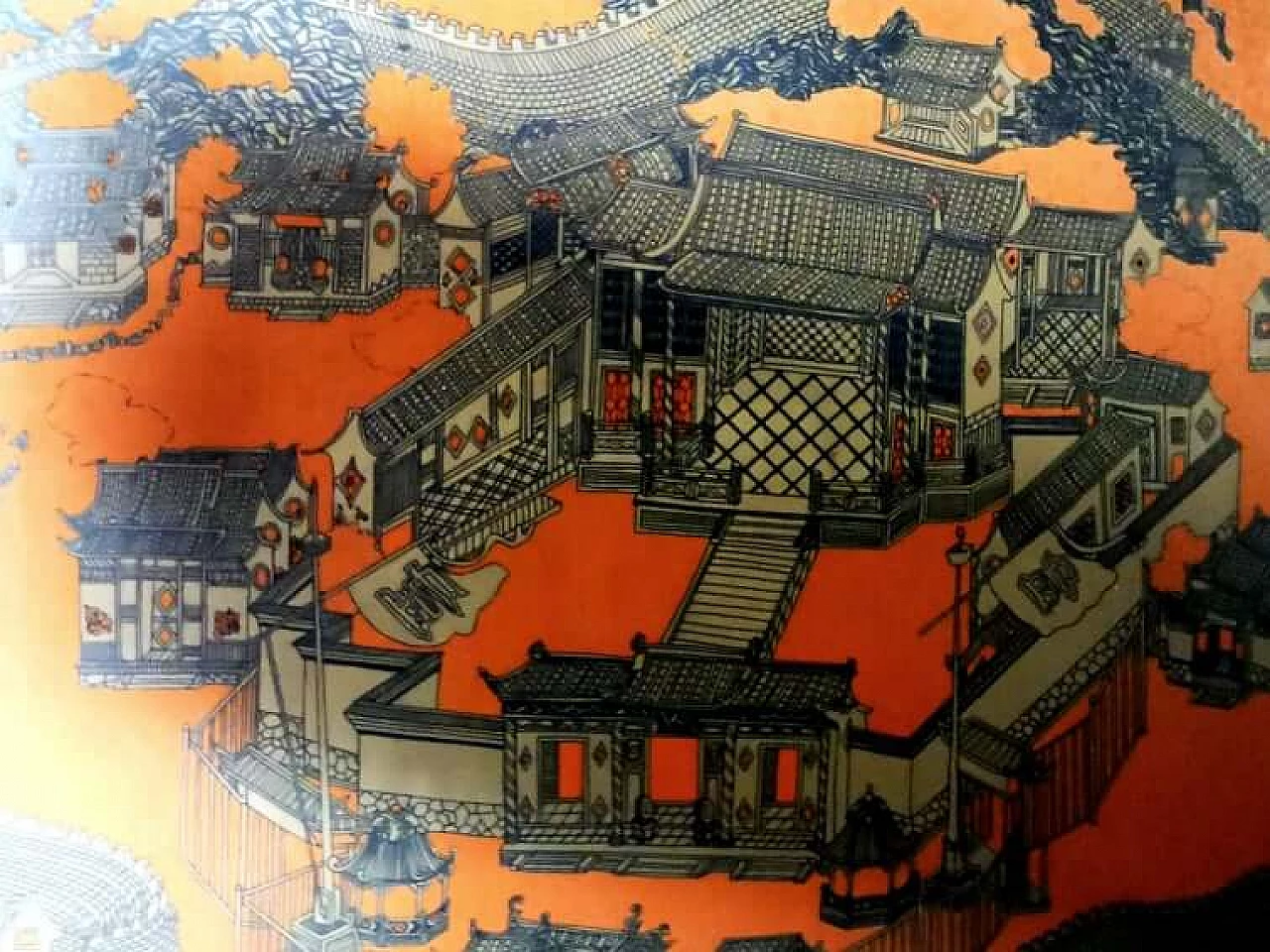 Fortified temple surrounded by pagodas, framed Chinese silk 4