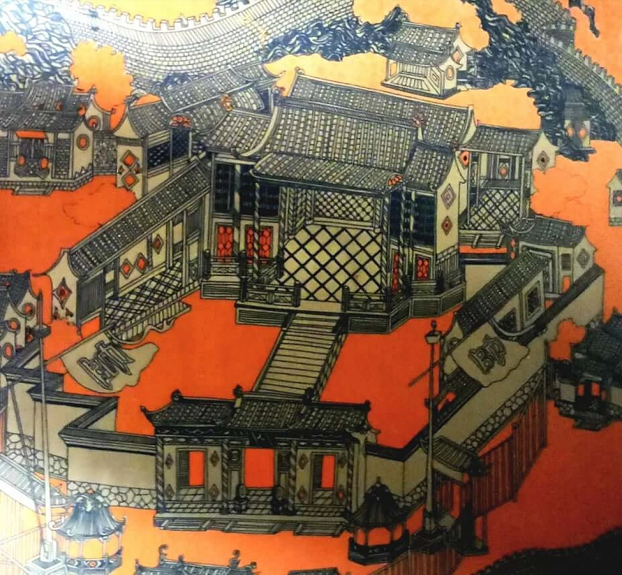 Fortified temple surrounded by pagodas, framed Chinese silk 5