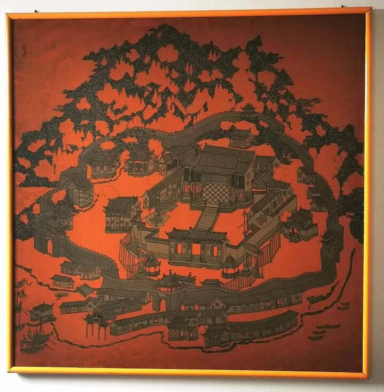 Fortified temple surrounded by pagodas, framed Chinese silk 6