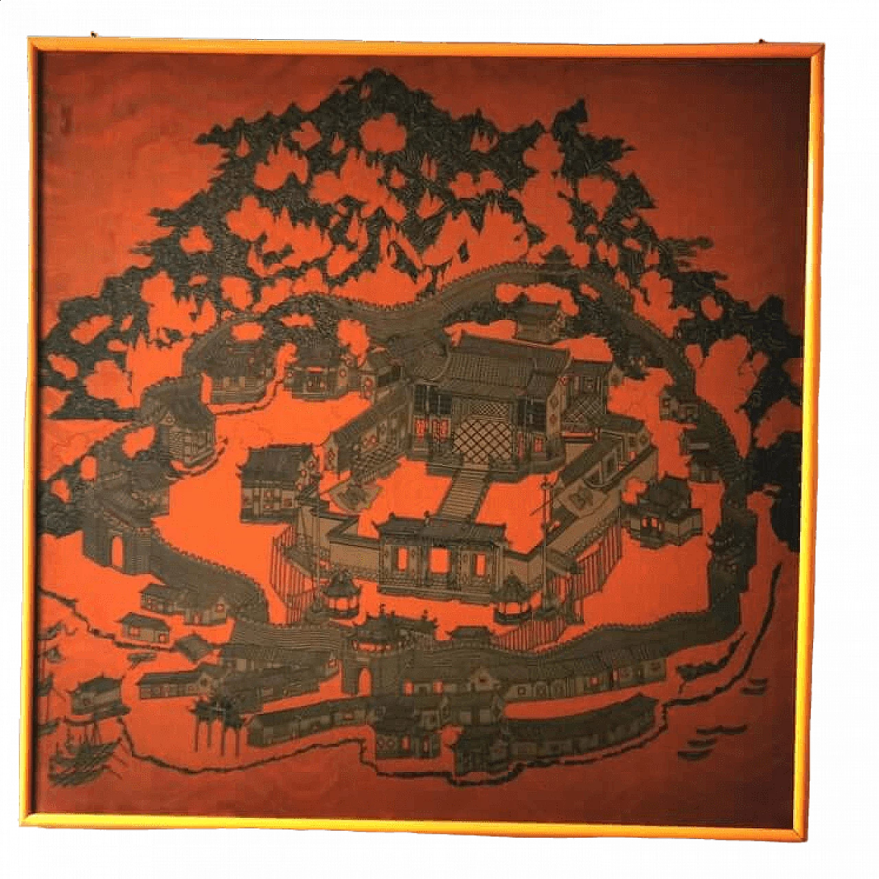 Fortified temple surrounded by pagodas, framed Chinese silk 7