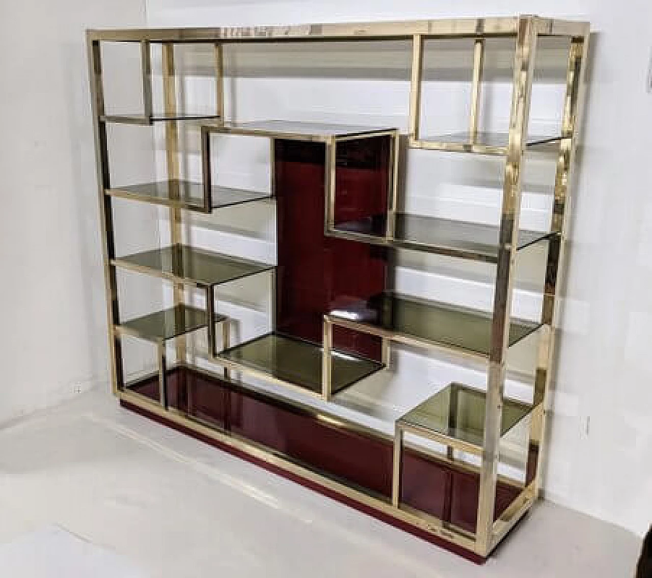 Brass-plated metal bookcase with smoked glass shelves, 1970s 2