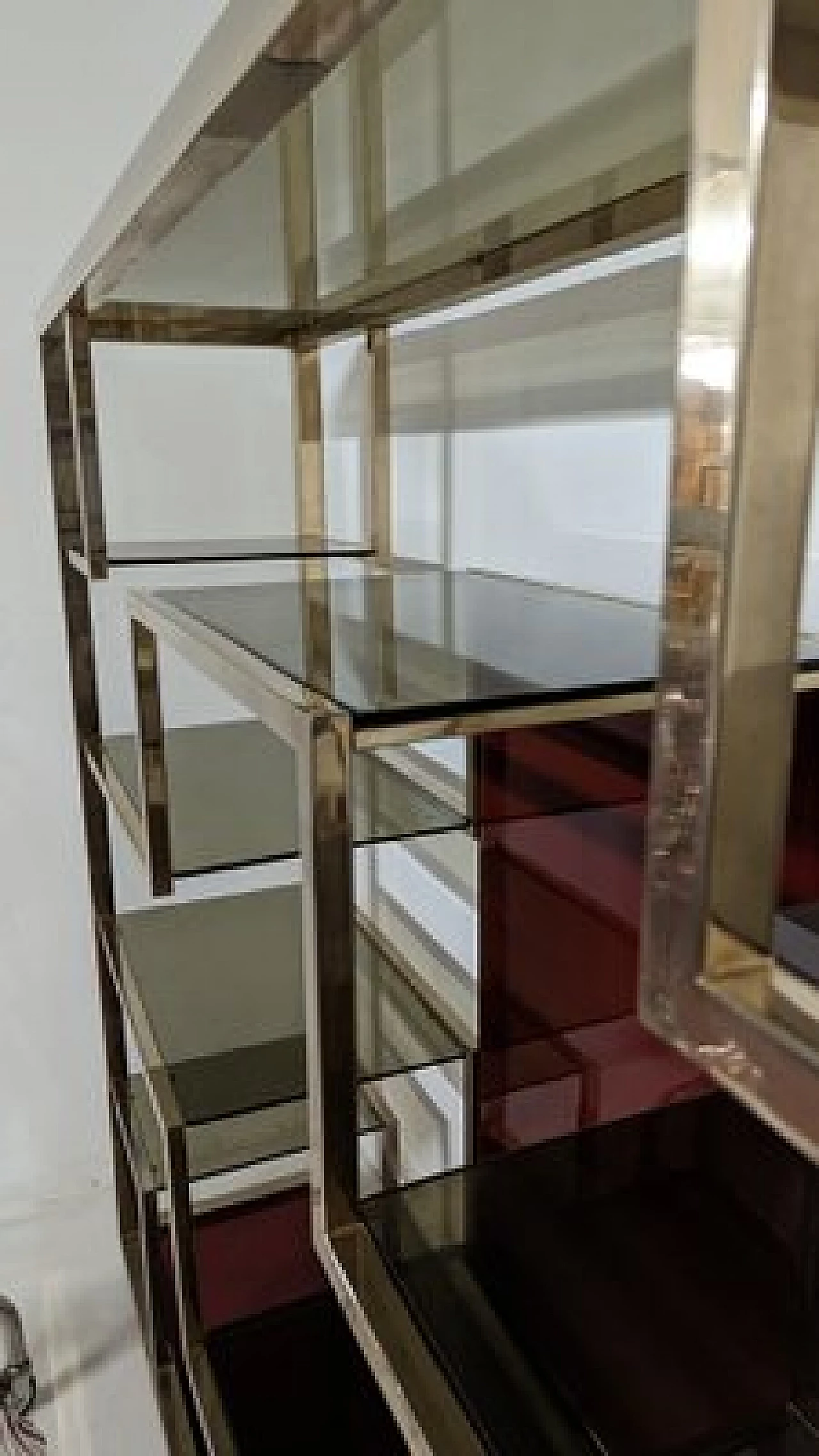 Brass-plated metal bookcase with smoked glass shelves, 1970s 3