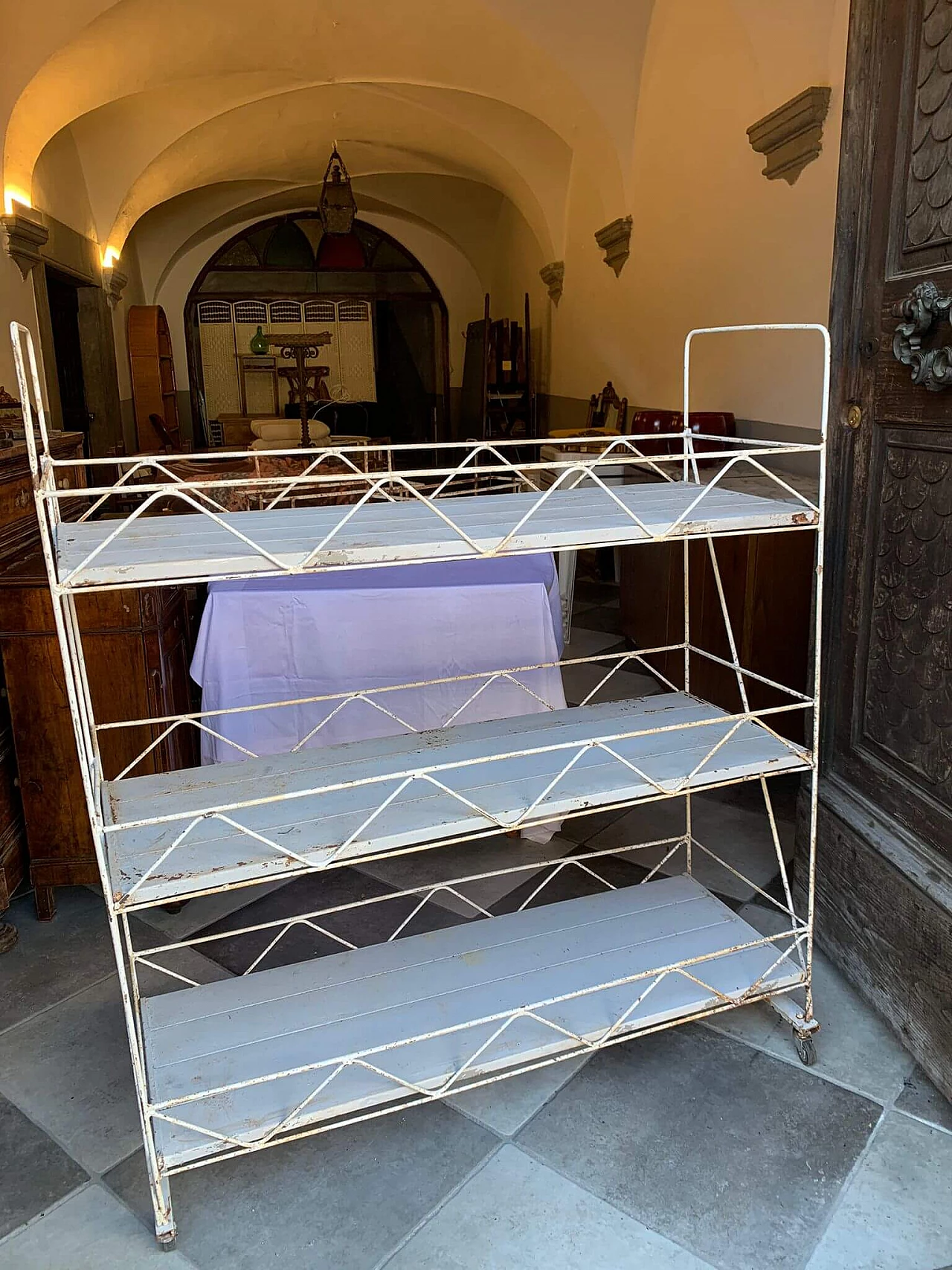 Pair of white metal carts with marble shelves, 1930s 1