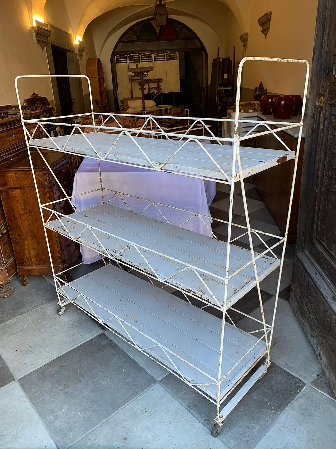 Pair of white metal carts with marble shelves, 1930s 2