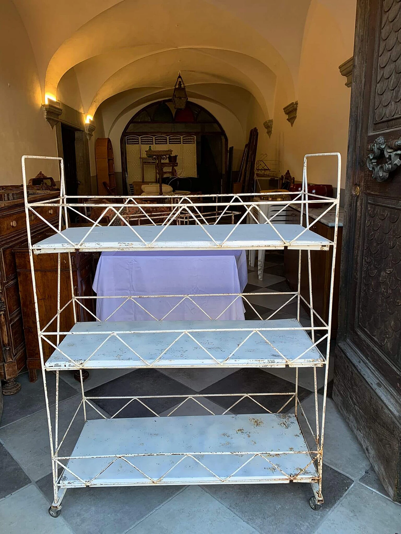 Pair of white metal carts with marble shelves, 1930s 3