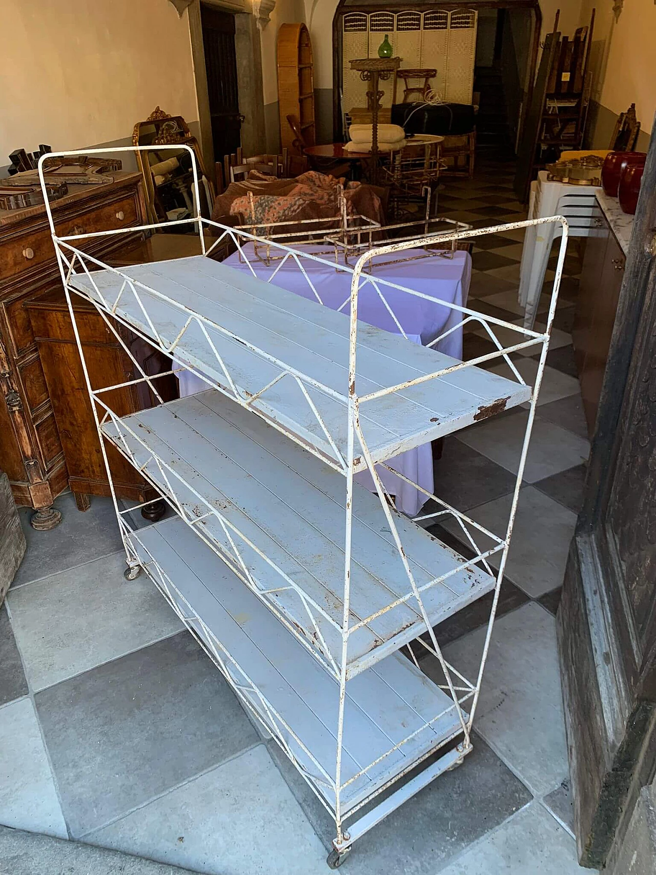 Pair of white metal carts with marble shelves, 1930s 4