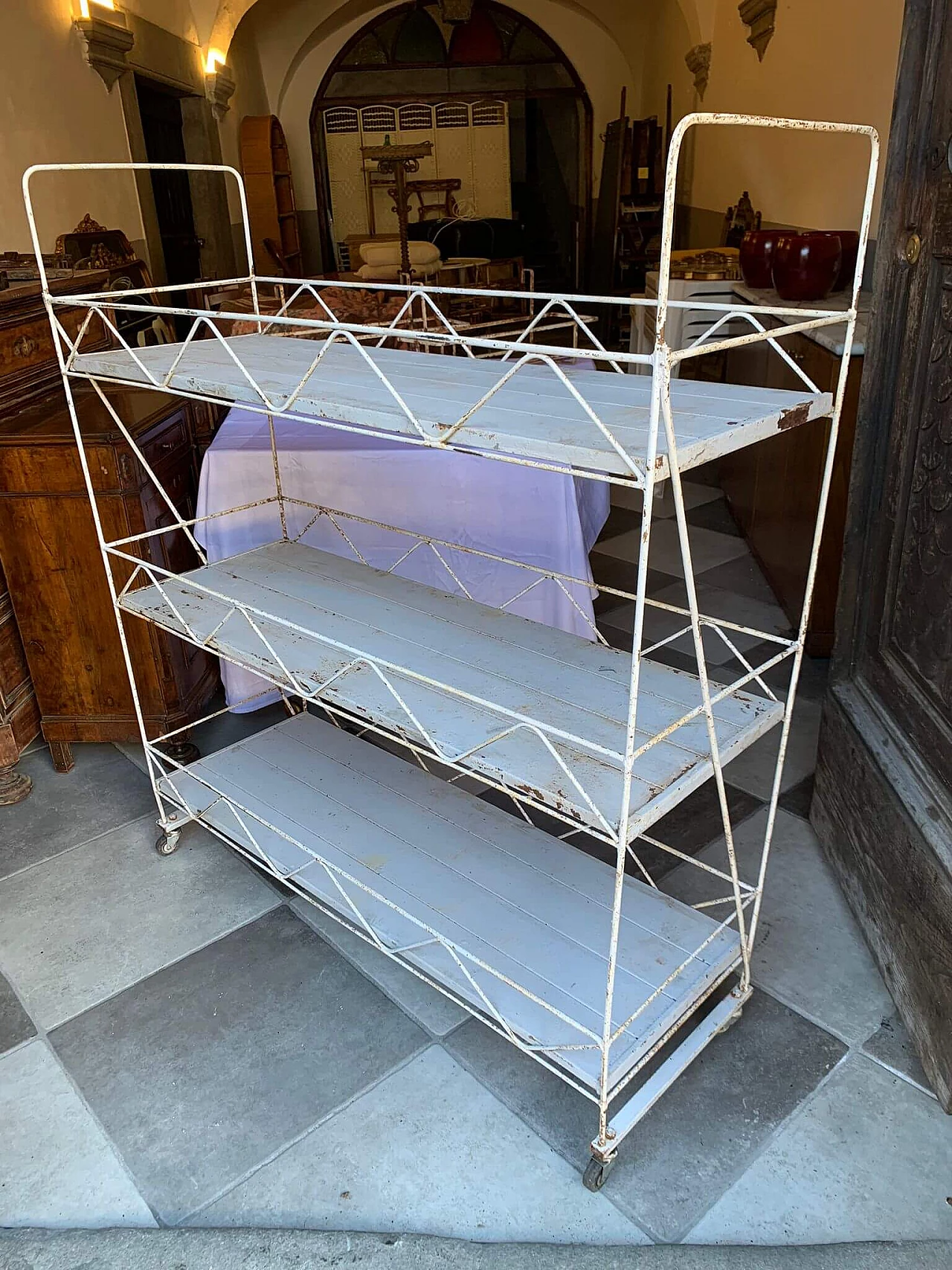 Pair of white metal carts with marble shelves, 1930s 5