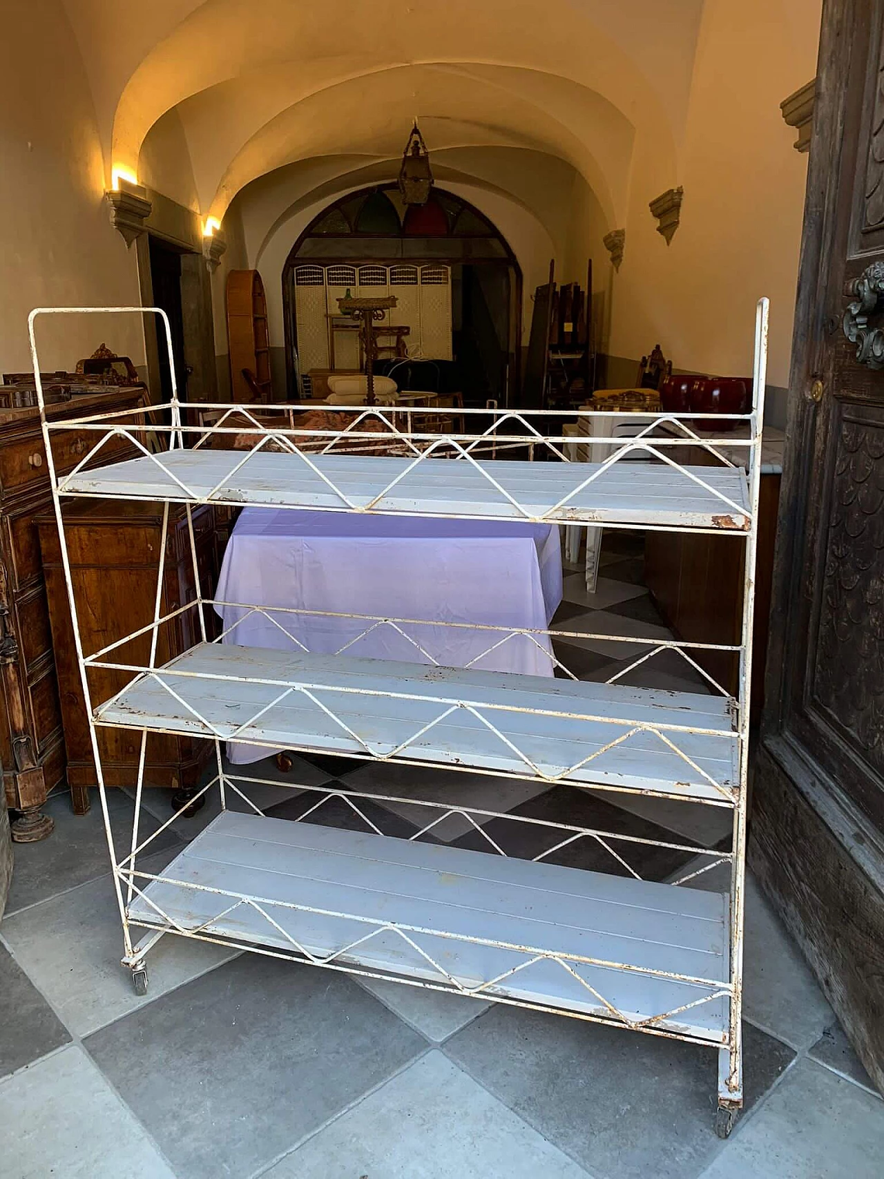 Pair of white metal carts with marble shelves, 1930s 6