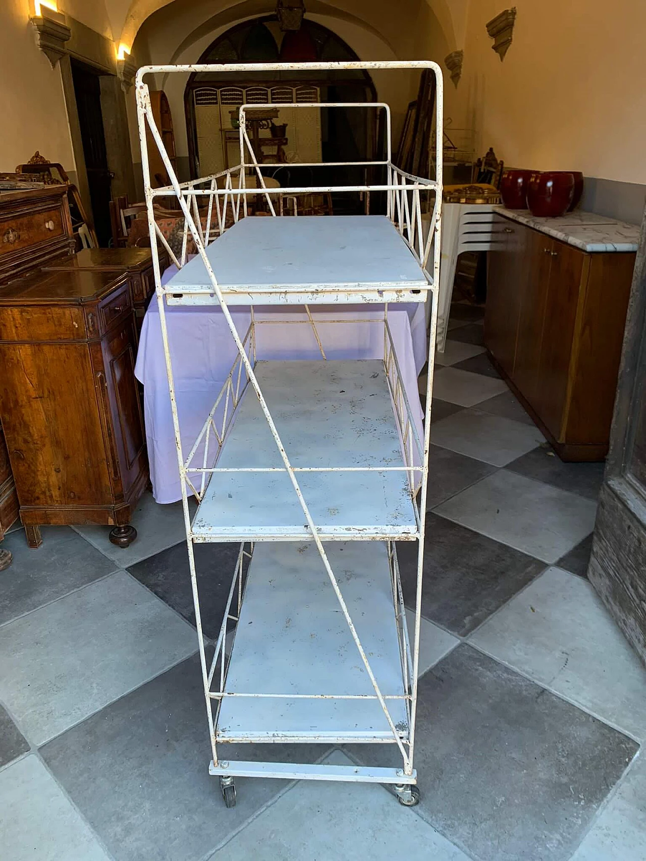 Pair of white metal carts with marble shelves, 1930s 7