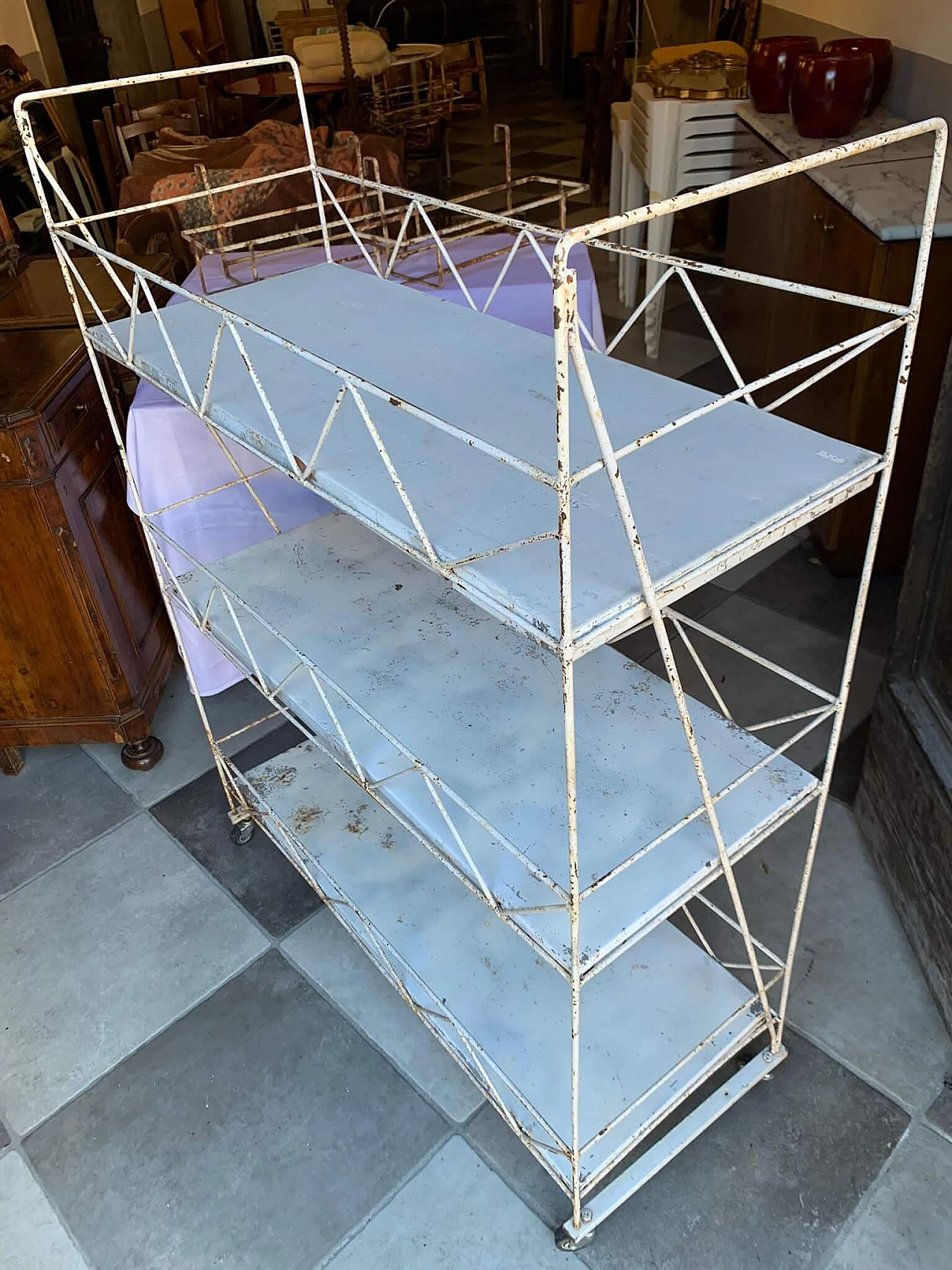 Pair of white metal carts with marble shelves, 1930s 8