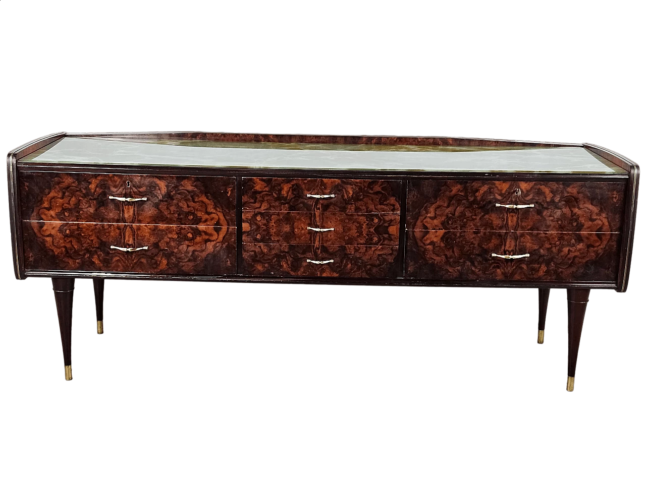 Wood and brass chest of drawers with marbled glass top, 1950s 40