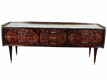 Wood and brass chest of drawers with marbled glass top, 1950s