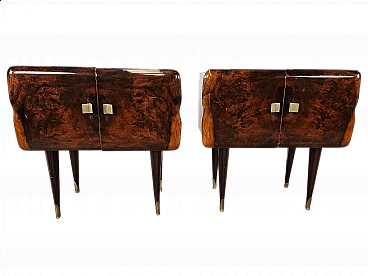 Pair of wood bedside tables with stained glass top, 1950s