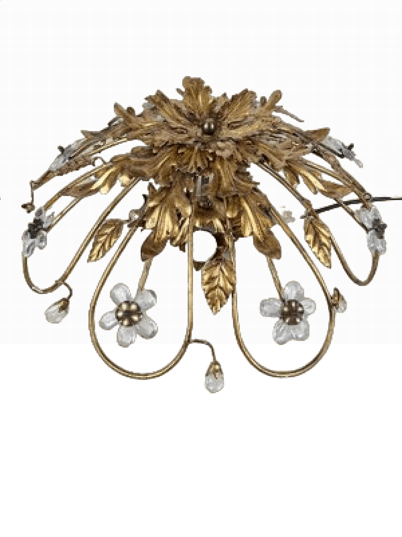 Gilded iron ceiling lamp with crystal flowers by Banci, 1980s 11