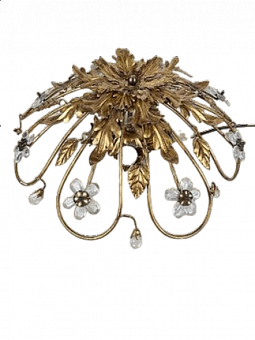 Gilded iron ceiling lamp with crystal flowers by Banci, 1980s