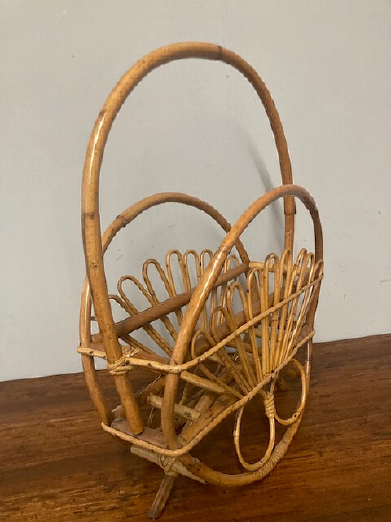 Bamboo magazine rack with handle, 1960s 7