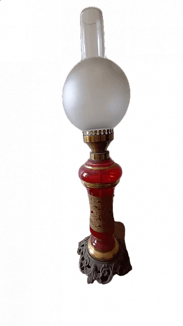 Red glass table lamp with gold decorations and bronze base, 1960s