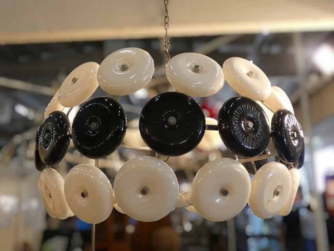 Steel chandelier with black and white glass disks, 1970s 1