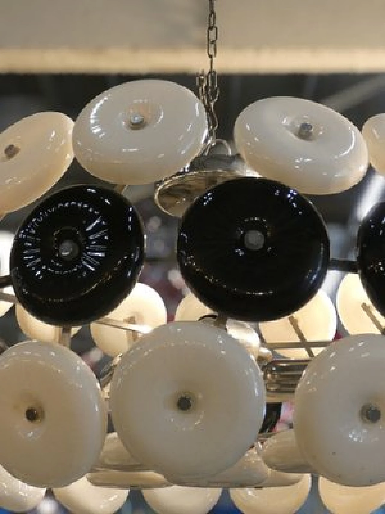 Steel chandelier with black and white glass disks, 1970s 4